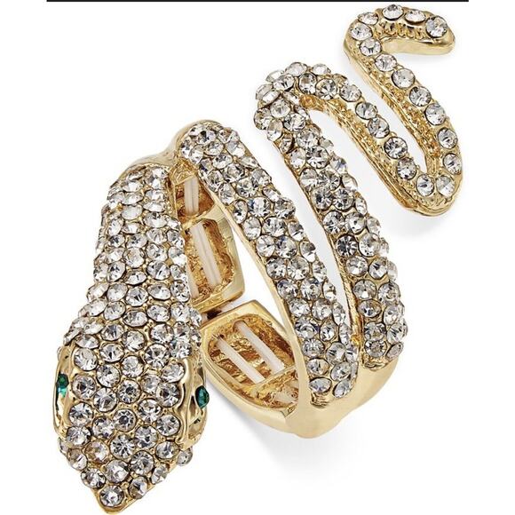 Thalia Sodi Gold-Tone Pavé Crystal Green Crystal Eyes Drama Stretch Ring Sz 8.5 - Picture 1 of 13